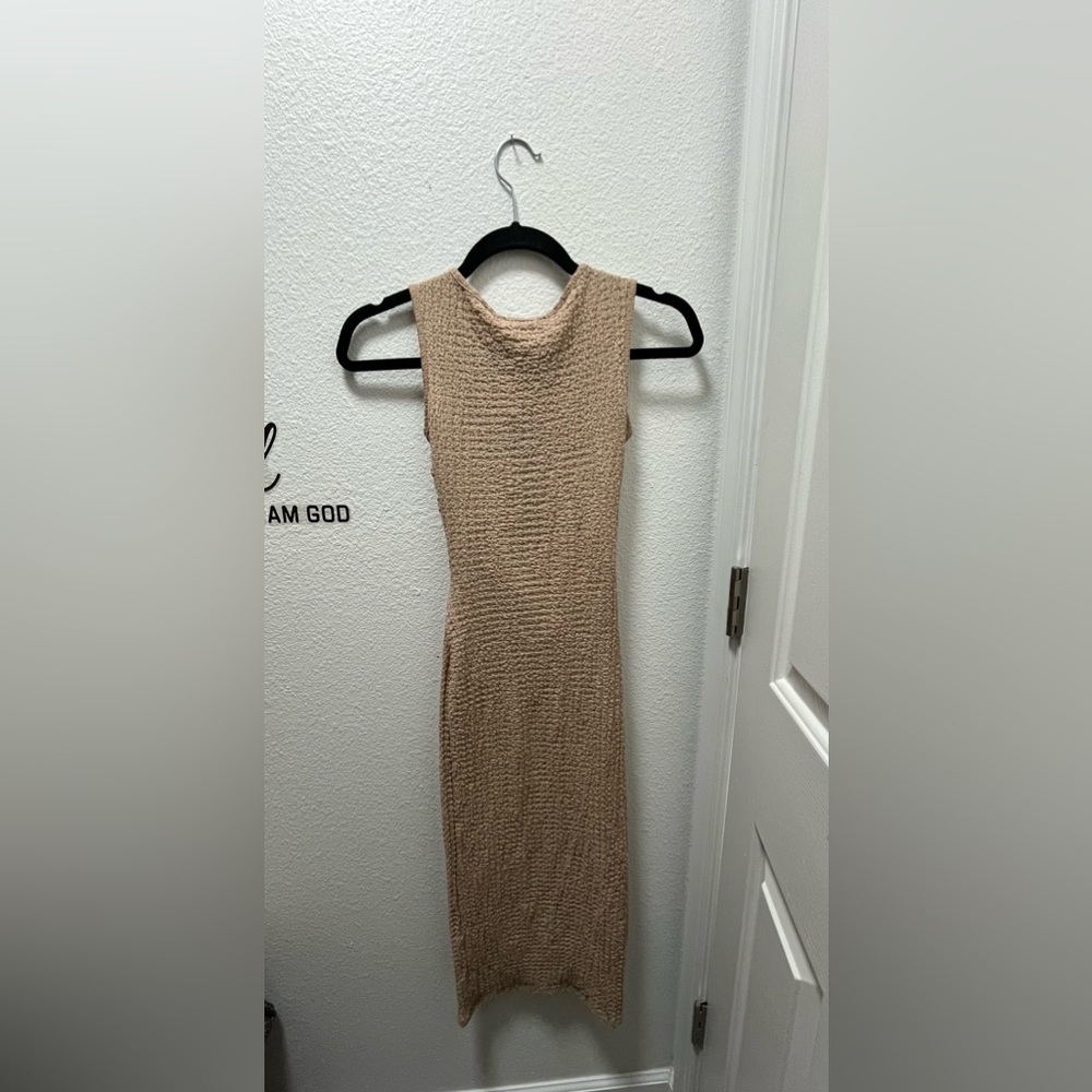 See You Monday Textured Tan Midi Dress